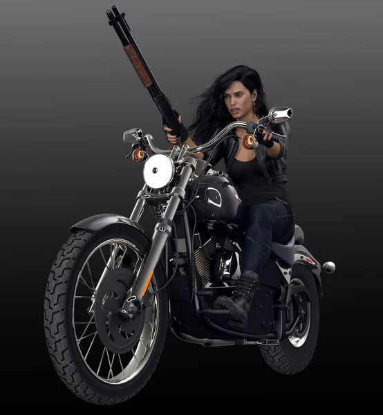骑摩托车的皮革城市幻想女性 — 图库照片