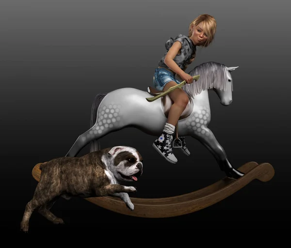 Fantasía Imaginación Chica Jugando Balanceo Caballo — Foto de Stock