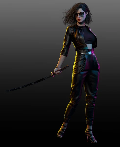 Urban Fantasy Cyberpunk Retro Woman Leather Pants Katana — Stock Photo, Image