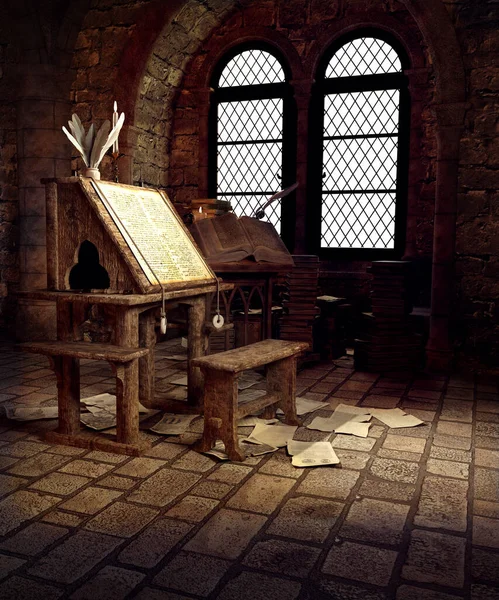 Cgi Fantasia Scriptorium Medieval Castelo Igreja Livros Antigos — Fotografia de Stock