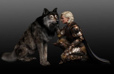 Fantasy Female Warrior in Armor with Dire Wolf clipart