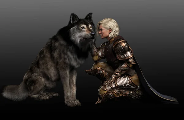 Fantasy Female Warrior Armor Dire Wolf — Stock Photo, Image