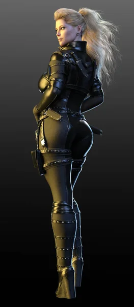 Sexy Sci Cyberpunk Female Assassin Black Leather Catsuit — 스톡 사진