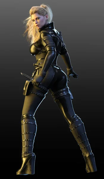 Сексі Sci Cyberpunk Female Assassin Black Leather Catsuit — стокове фото