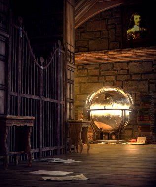 Parlayan Küreyle Fantezi Steampunk Eski Kütüphanesi