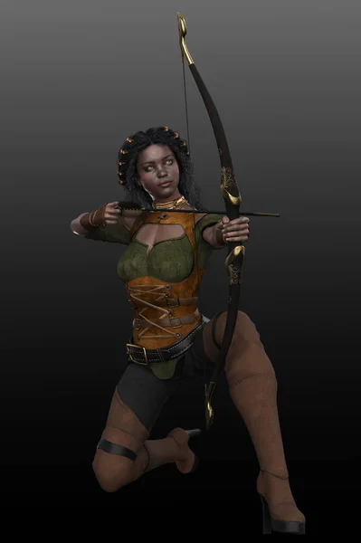 ファンタジーアーチャーまたはレンジャー 弓と矢を持つアフリカ系アメリカ人女性 — ストック写真