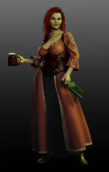 Fantasia Gamelit Orc Ogre Barmaid Com Pele Verde — Fotografia de Stock