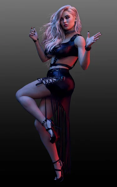Mujer Gótica Cuero Negro Sexy Bailarina Con Cabello Rubio — Foto de Stock