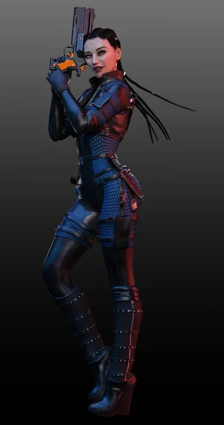 Scifi Cyberpunk Femme Avec Blaster Action Pose — Photo