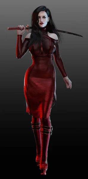 Sci Cyberpunk Mulher Vestido Vermelho Cabelo Preto Katana — Fotografia de Stock
