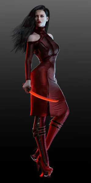 Femme Sci Cyberpunk Robe Rouge Cheveux Noirs Katana — Photo