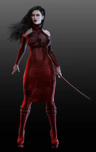 Sci Fi or Cyberpunk Woman in Red Dress, Black Hair and Katana