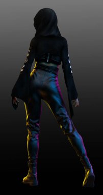 SCi Fi ya da Siberpunk Goth Punk Kadın Kapüşonlu Tişört, Kapüşonlu ve Deri