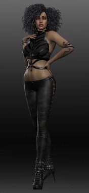 Siyah Deri Giyen Kıvırcık Saçlı POC Şehir Fantezisi Kadın