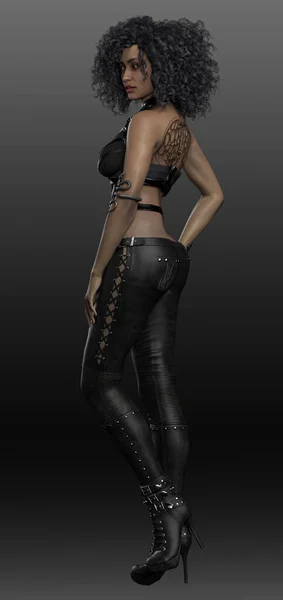 POC Urban Fantasy Woman in Black Leather with Curly Hair