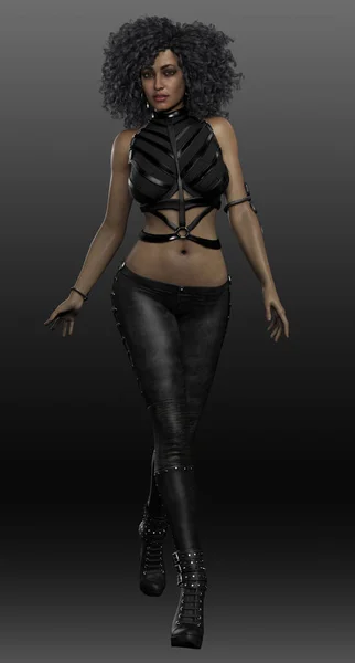 POC Urban Fantasy Woman in Black Leather with Curly Hair