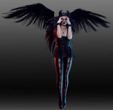 Fantasy Dark Angel, Fallen in Black with Ragged Wings