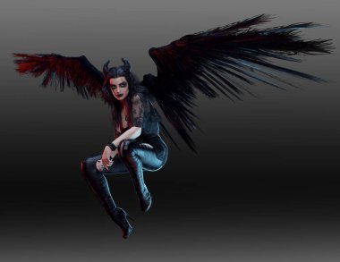 Fantasy Dark Angel, Fallen in Black with Ragged Wings