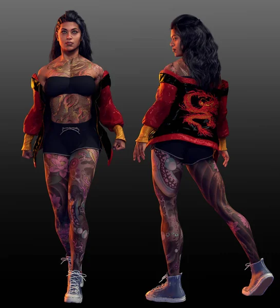 Fantasy Dystopian Nebo Cyberpunk Female Fighter Asian Tattoos — Stock fotografie
