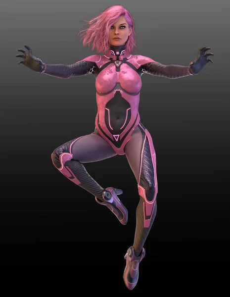 Scifi Lub Cyberpunk Superhero Różowym Kostiumie Różowymi Włosami — Zdjęcie stockowe