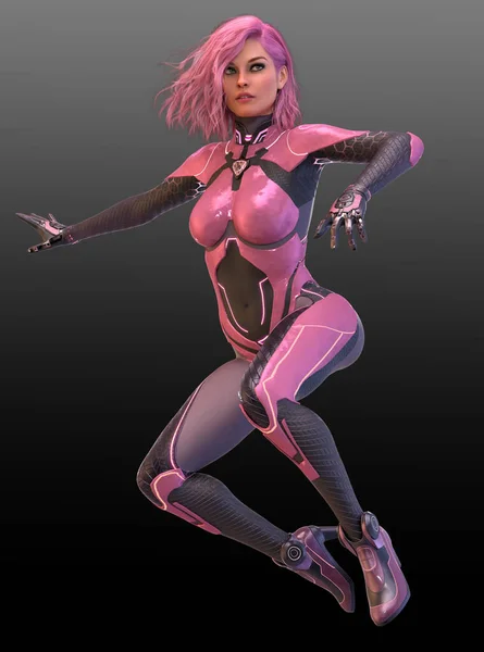 SciFi or Cyberpunk Superhero in Pink Catsuit with Pink Hair