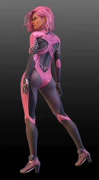 Scifi Cyberpunk Super Herói Terno Rosa Com Cabelo Rosa — Fotografia de Stock