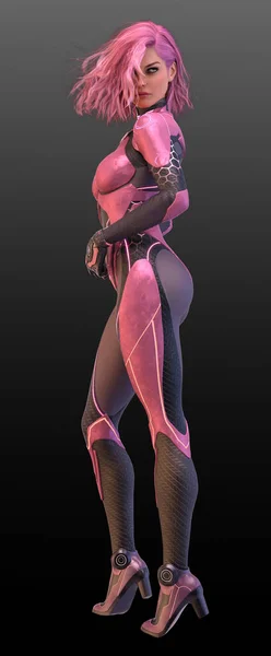Scifi Cyberpunk Superhero Pink Catsuit Pink Hair — Stock Photo, Image