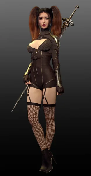 Steampunk Lub Cyberpunk Azji Dziewczyna Kucyk Ogony Mieczem Noszenia Gorset — Zdjęcie stockowe