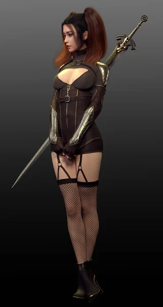 Steampunk Cyberpunk Asiático Menina Pônei Caudas Com Espada Vestindo Espartilho — Fotografia de Stock