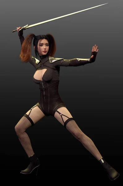Steampunk Oder Cyberpunk Asiatisches Mädchen Ponyschwänzen Mit Schwert Korsett Und — Stockfoto