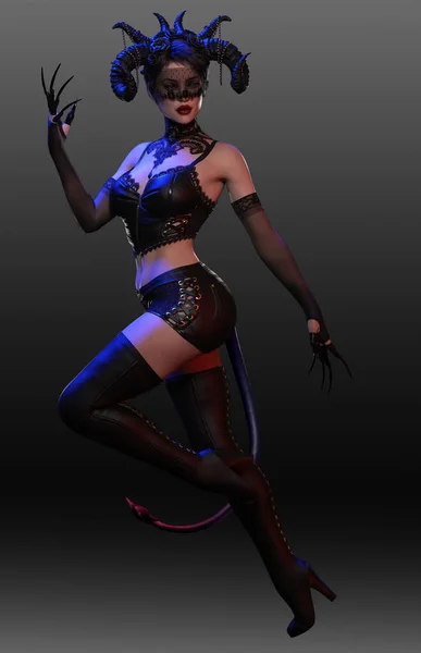 角と尾を持つ黒革の都市ファンタジーセクシーなピンアップ悪魔の女性 — ストック写真