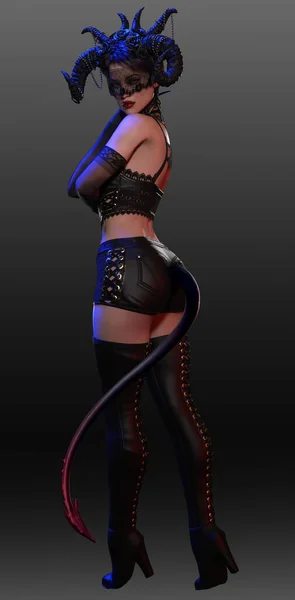 Urban Fantasy Sexy Pinup Demon Kobieta Czarnej Skórze Rogami Ogonem — Zdjęcie stockowe