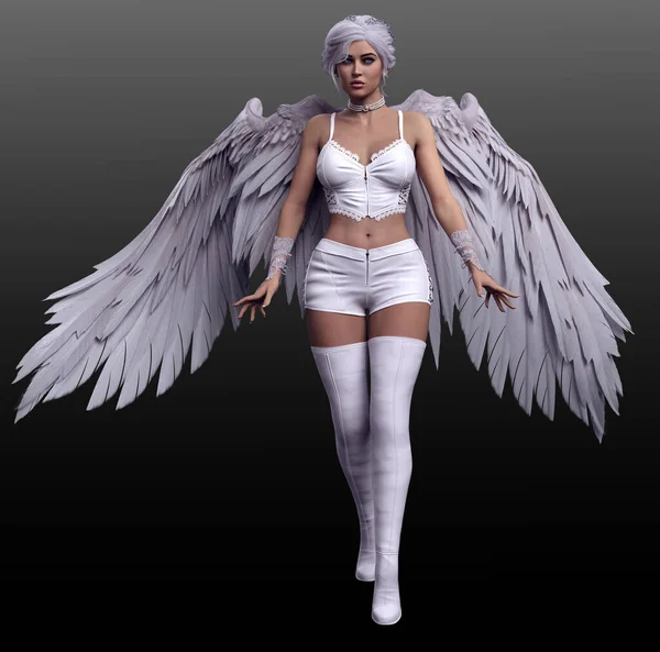 Fantasy Sexy Blonde Angel White Leather White Wings — Stock Photo, Image