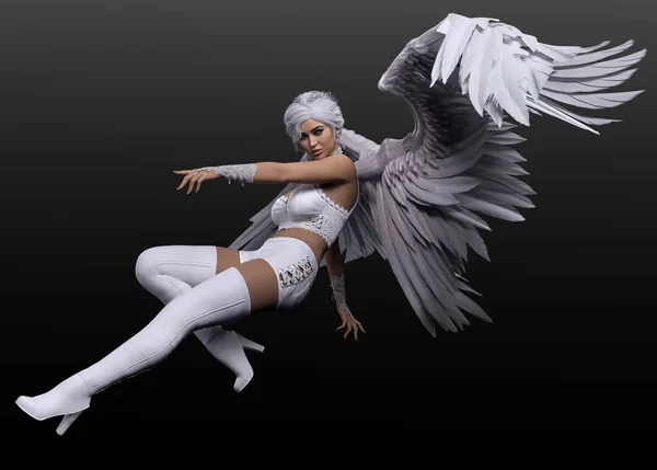 白い翼と白い革のファンタジーセクシーなブロンドの天使 — ストック写真