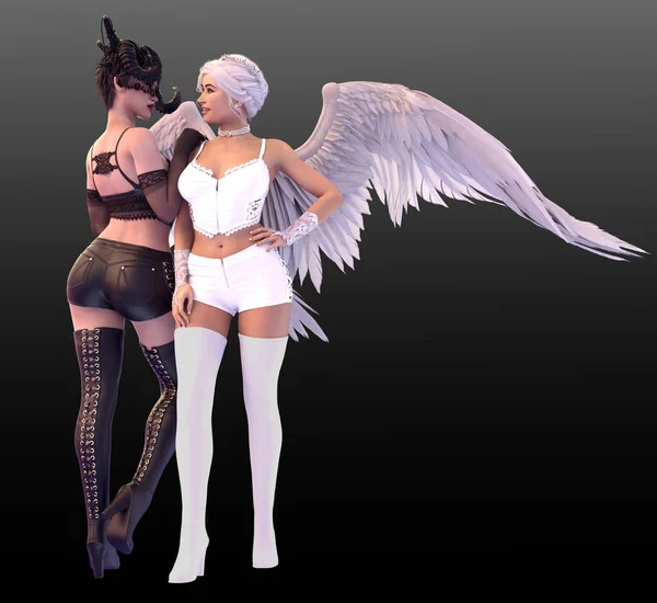 Fantasy Demon and Angel Couple Embracing, Women in Love