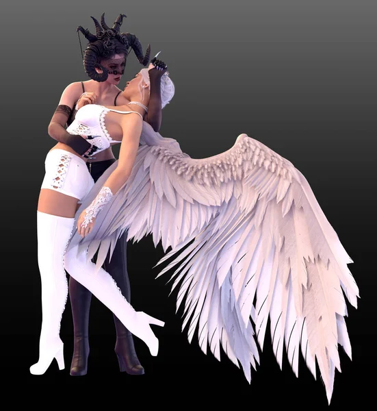 Fantasy Demon Angel Couple Embracing Verliefde Vrouwen — Stockfoto