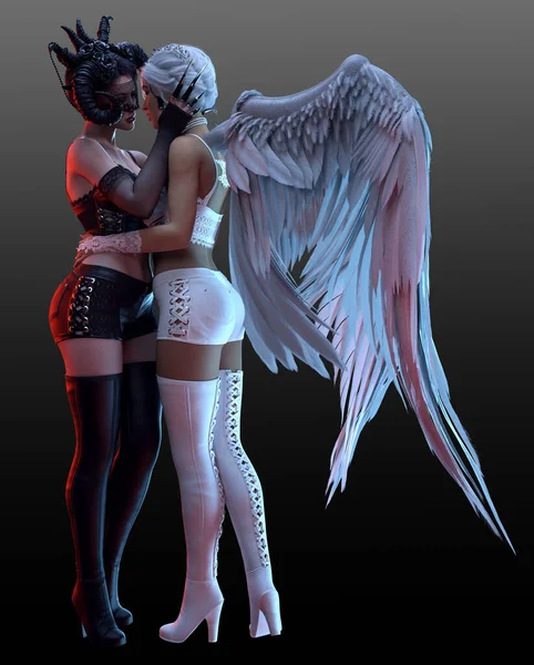 Fantasy Demon and Angel Couple Embracing, Women in Love