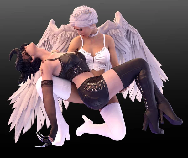 Fantázia Démon Angyal Pár Ölelő Nők Szerelmes — Stock Fotó