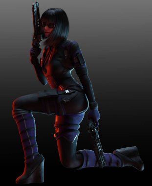 Bilim kurgu, siber punk ya da çift tabancalı distopyalı kadın, suikastçı ya da savaşçı.