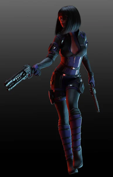 Sci Cyberpunk Або Dystopian Woman Dual Pistols Assassin Fighter — стокове фото