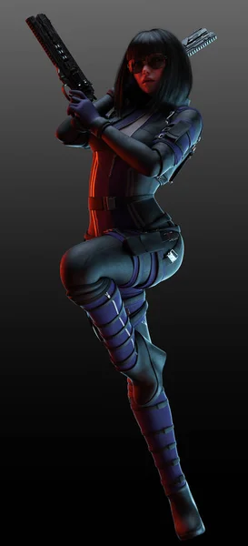 Fantascienza Cyberpunk Donna Distopica Con Doppia Pistola Assassino Combattente — Foto Stock