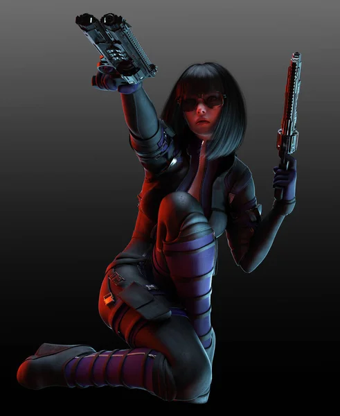 Sci Cyberpunk Dystopian Woman Met Dual Pistols Assassin Fighter — Stockfoto