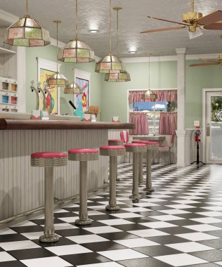 Lokantası ve Bar Taburesi olan CGI Dondurma Salonu veya Dükkanı