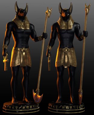 Anubis Mısırlı Çakal Tanrı Heykeli Altın Giysiler ve Altın Asası