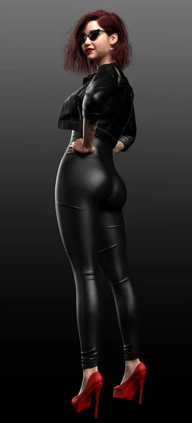 Urban Fantasy Retro Woman Black Leather Jacket Pants Óculos Sol — Fotografia de Stock