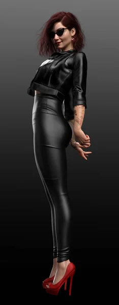 Urban Fantasy Retro Woman in Black Leather Jacket and Pants, Sunglasses