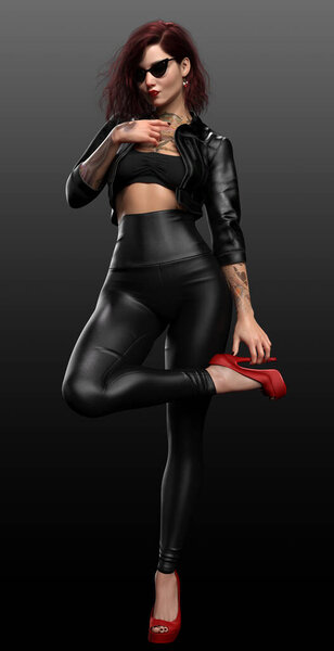 Urban Fantasy Retro Woman in Black Leather Jacket and Pants, sunglasses