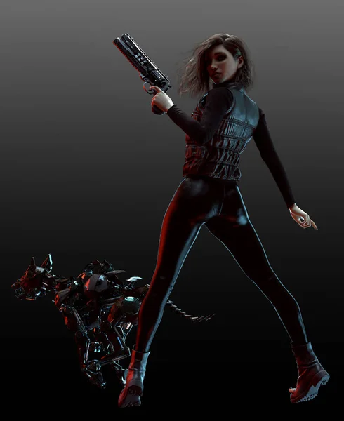 Dystopian Cyberpunk Meisje Met Geweren Robot Dog — Stockfoto