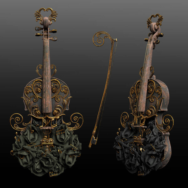 CGI Fantasy Vintage Violin and Bow with Rose Decoration