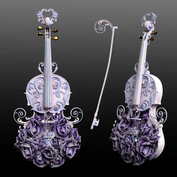 Cgi Fantasy Vintage Violin Och Båge Med Rose Dekoration — Stockfoto